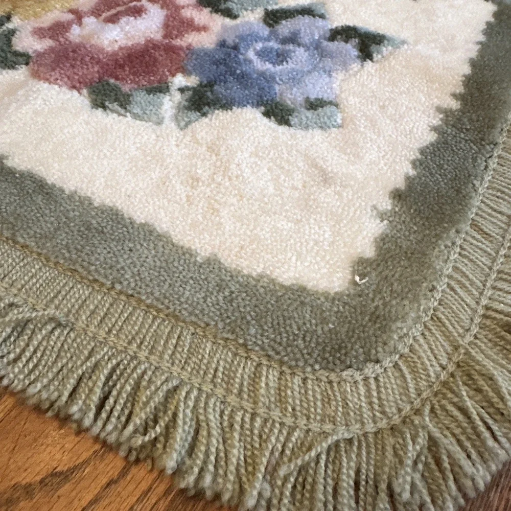 Vintage Sage Green Floral Contour Plush Rug Fringe Bathroom